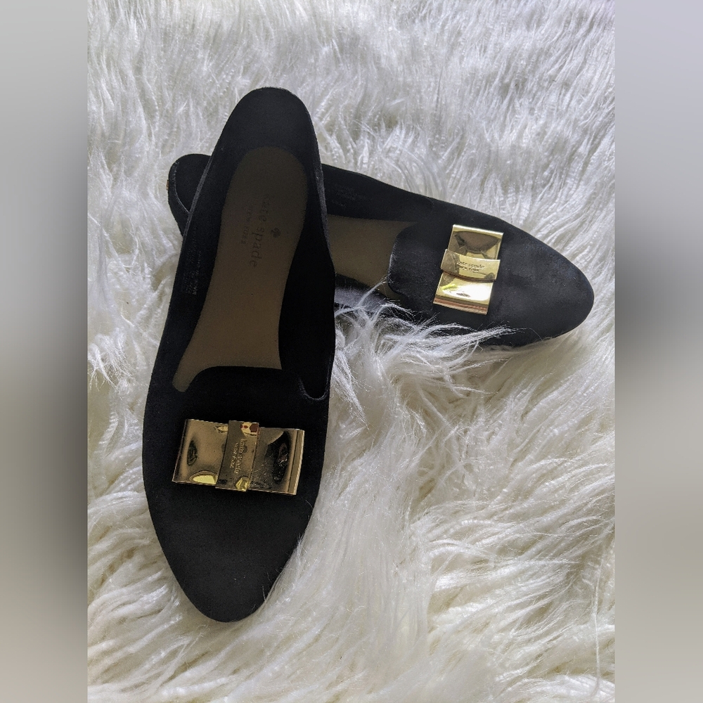 Kate Spade Silina Black Suede Gold Bow Flats size 8
